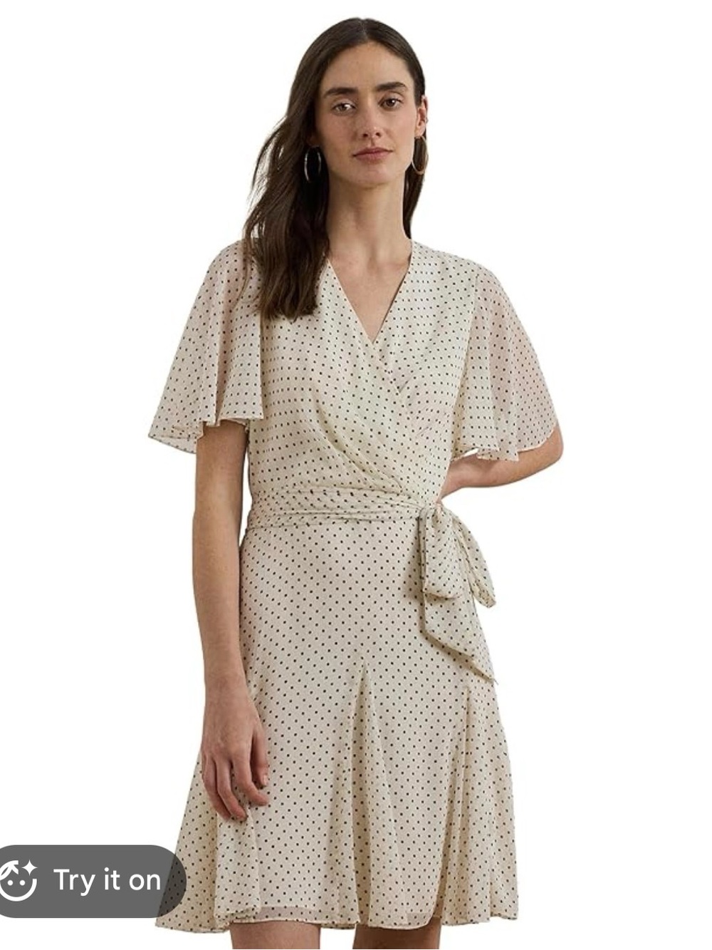 Lauren Ralph Lauren Cream Midi Wrap Dress with Black Polka Dots